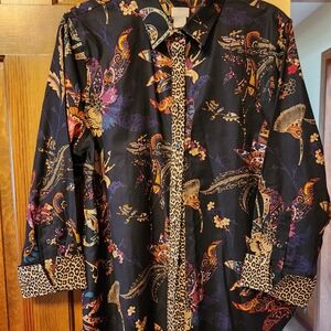 SOLD Chico's Black, Colorful No-iron Shirt With Leopard Cuffs/Front Placket NWOT